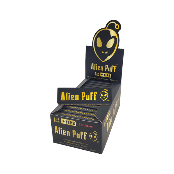 50 Alien Puff Black & Gold 1 1/4 Size Unbleached Brown Papers + Tips